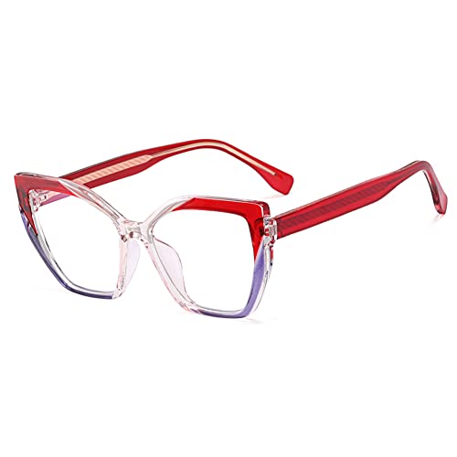 kachawoo TR90 Blue Light Blocking Gläser mit Frühlingsbein Cat Eye Polygon Bunte Rahmen Brillen Mode Rezept OL Eyewear (red purple frame) von kachawoo