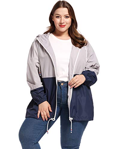 kacocob Damen Übergröße Regenjacke Leicht Kapuze Regenmantel Windbreaker, Grau Marineblau, XX-Large von kacocob