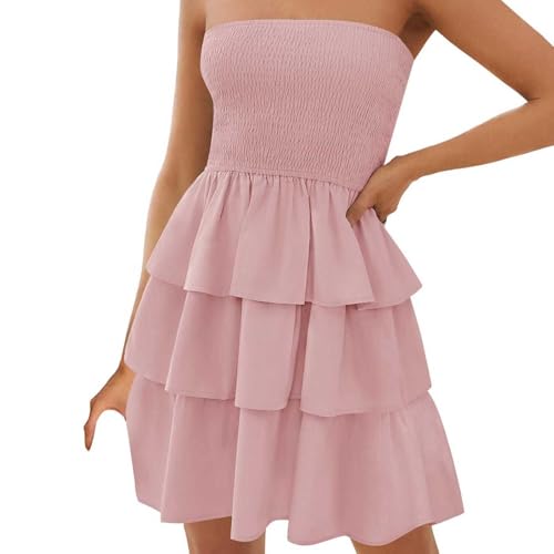 kahgkds Bandeau Kleider Damen Sexy Schulterfrei Ärmellos Ballkleid Summer Elegant Einfarbig Gestuftes Rüschen Strandkleid A-Line Swing Minikleid Leichte Luftig Freizeitkleider(RD2,S) von kahgkds