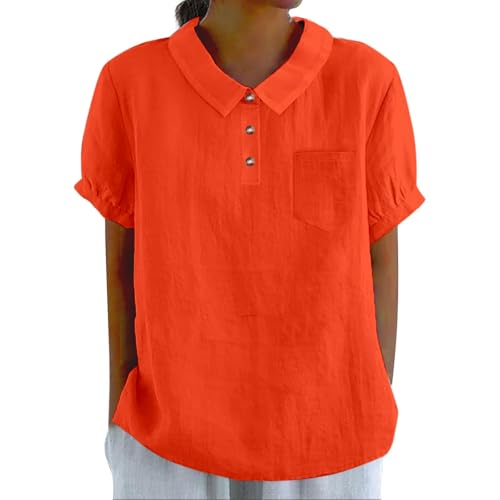 kahgkds Baumwolle Leinen Bluse Damen Lässige Rundhals Button-Down Leinenhemd Vintage Einfarbig Kurzarm Blusenshirt Revers Hemdbluse Oversized Locker Leinenbluse Leichte T-Shirt Tops(B Orange,XL) von kahgkds