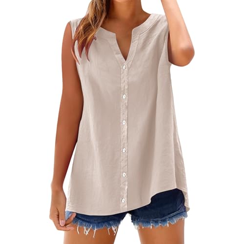 kahgkds Blusenshirt Damen Summer Elegant Einfarbig Ärmellose Musselin Bluse Große Größen Leinenbluse Casual V-Ausschnitt Locker Longbluse mit Knöpfen Leichte Hemdbluse Tops(A Beige,5XL) von kahgkds