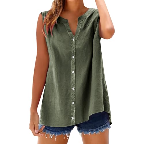 kahgkds Blusenshirt Damen Summer Elegant Einfarbig Ärmellose Musselin Bluse Große Größen Leinenbluse Casual V-Ausschnitt Locker Longbluse mit Knöpfen Leichte Hemdbluse Tops(A Grün,L) von kahgkds
