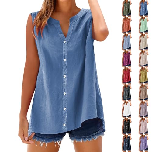 kahgkds Blusenshirt Damen Summer Elegant Einfarbig Ärmellose Musselin Bluse Große Größen Leinenbluse Casual V-Ausschnitt Locker Longbluse mit Knöpfen Leichte Hemdbluse Tops(A Himmelblau,5XL) von kahgkds