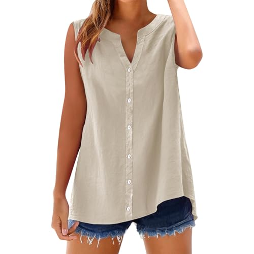 kahgkds Blusenshirt Damen Summer Elegant Einfarbig Ärmellose Musselin Bluse Große Größen Leinenbluse Casual V-Ausschnitt Locker Longbluse mit Knöpfen Leichte Hemdbluse Tops(A Khaki,5XL) von kahgkds