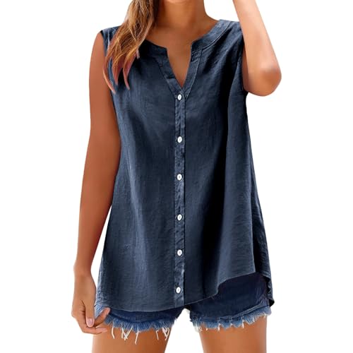 kahgkds Blusenshirt Damen Summer Elegant Einfarbig Ärmellose Musselin Bluse Große Größen Leinenbluse Casual V-Ausschnitt Locker Longbluse mit Knöpfen Leichte Hemdbluse Tops(A Marineblau,5XL) von kahgkds