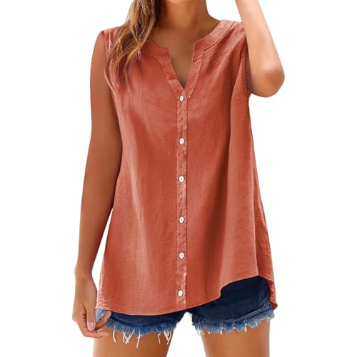kahgkds Blusenshirt Damen Summer Elegant Einfarbig Ärmellose Musselin Bluse Große Größen Leinenbluse Casual V-Ausschnitt Locker Longbluse mit Knöpfen Leichte Hemdbluse Tops(A Orange,5XL) von kahgkds
