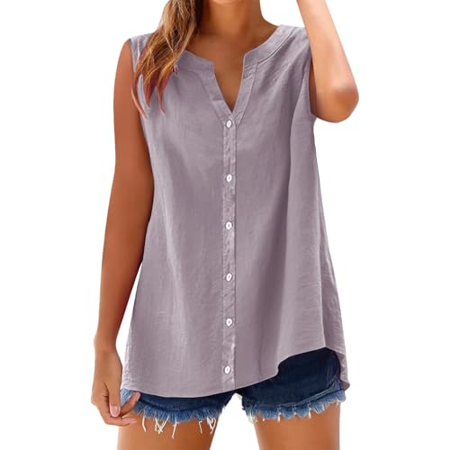 kahgkds Blusenshirt Damen Summer Elegant Einfarbig Ärmellose Musselin Bluse Große Größen Leinenbluse Casual V-Ausschnitt Locker Longbluse mit Knöpfen Leichte Hemdbluse Tops(A Roségold,5XL) von kahgkds