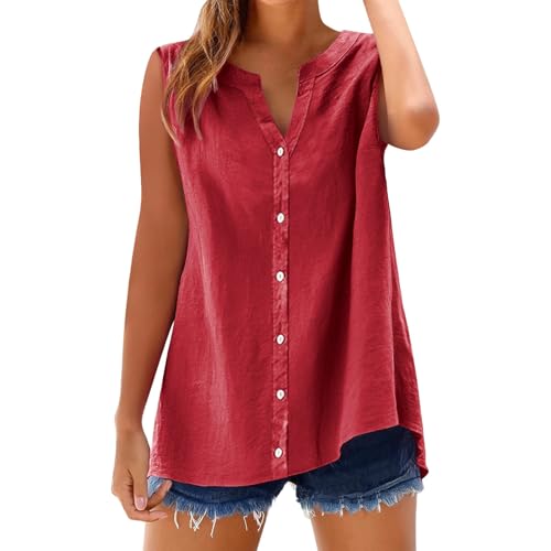 kahgkds Blusenshirt Damen Summer Elegant Einfarbig Ärmellose Musselin Bluse Große Größen Leinenbluse Casual V-Ausschnitt Locker Longbluse mit Knöpfen Leichte Hemdbluse Tops(A Rot,XL) von kahgkds