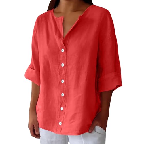 kahgkds Leinenbluse Damen Lässige V-Ausschnitt 3/4 Ärmel Musselin Bluse Teenager Mädchen Elegant Summer Einfarbig Blusenshirt mit Knöpfen Leichte Locker Hemdbluse Longshirt Tops(D Rot,XL) von kahgkds