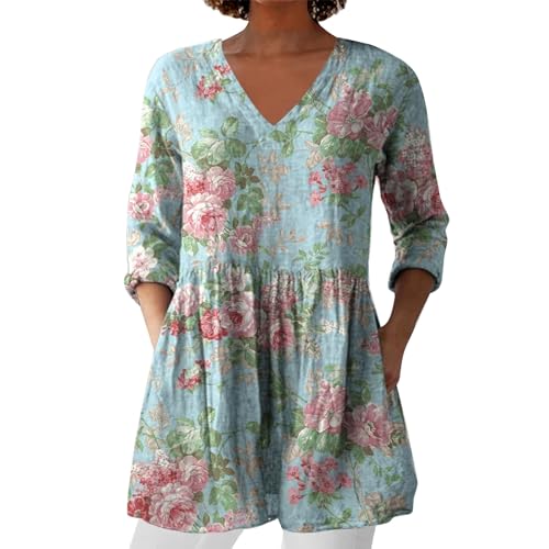 kahgkds Longshirt Damen 3/4-Ärmel Musselin Blusen Retro Blumen Druck Blusenshirt Lässige V Ausschnitt Langarmshirt Große Größen Longbluse Locker Schwingendem Saum Tunika Tops mit Taschen(B 07,XXL) von kahgkds