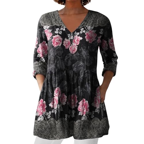 kahgkds Longshirt Damen 3/4-Ärmel Musselin Blusen Retro Blumen Druck Blusenshirt Lässige V Ausschnitt Langarmshirt Große Größen Longbluse Locker Schwingendem Saum Tunika Tops mit Taschen(C 08,L) von kahgkds