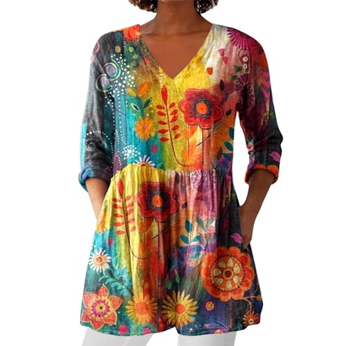 kahgkds Longshirt Damen 3/4-Ärmel Musselin Blusen Retro Blumen Druck Blusenshirt Lässige V Ausschnitt Langarmshirt Große Größen Longbluse Locker Schwingendem Saum Tunika Tops mit Taschen(C B02,XXL) von kahgkds
