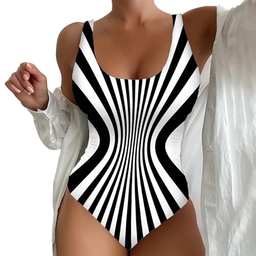 kahgkds Monokini Damen Oversized U Ausschnitt Badeanzüge Push Up Badeanzüge Gestreift Drucken Bauchweg Einteiliger Badeanzug Sport Bademode Swimsuit Bauchkontrolle Schwimmanzug(A Weiß,XL) von kahgkds