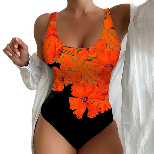 kahgkds Monokini Damen Oversized U Ausschnitt Badeanzüge Push Up Badeanzüge Gestreift Drucken Bauchweg Einteiliger Badeanzug Sport Bademode Swimsuit Bauchkontrolle Schwimmanzug(H Orange,6XL) von kahgkds