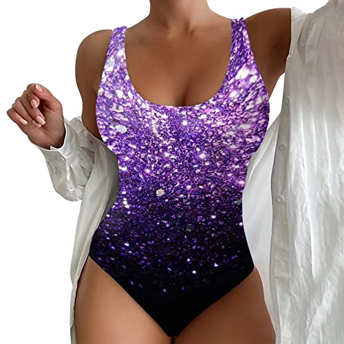 kahgkds Monokini Damen Oversized U Ausschnitt Badeanzüge Push Up Badeanzüge Gestreift Drucken Bauchweg Einteiliger Badeanzug Sport Bademode Swimsuit Bauchkontrolle Schwimmanzug(I Lila,XXL) von kahgkds