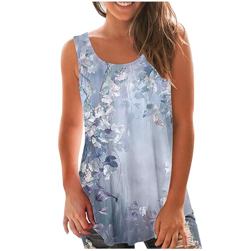 kahgkds Tank Top Damen Vintage Blumen Drucken Unterhemd Summer Rundhals Ärmellos Leibchen Frauen Lockere Passform Trägershirt Casual Sport T Shirt Bluse Trägertop(A Blau,XXL) von kahgkds