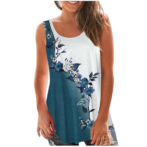 kahgkds Tank Top Damen Vintage Blumen Drucken Unterhemd Summer Rundhals Ärmellos Leibchen Frauen Lockere Passform Trägershirt Casual Sport T Shirt Bluse Trägertop(B Blau,XXL) von kahgkds