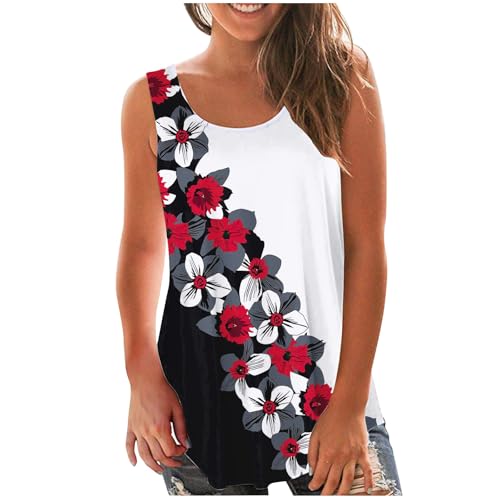 kahgkds Tank Top Damen Vintage Blumen Drucken Unterhemd Summer Rundhals Ärmellos Leibchen Frauen Lockere Passform Trägershirt Casual Sport T Shirt Bluse Trägertop(B Rot,XXL) von kahgkds