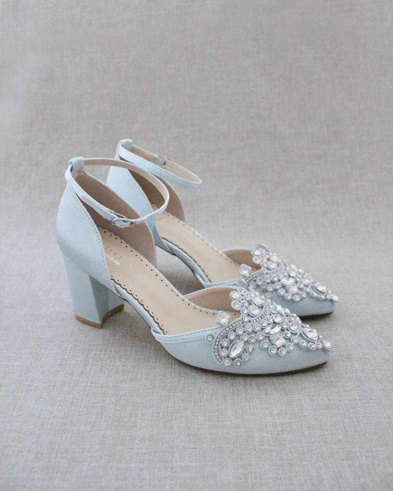 Hellblauer Satin Blockabsatz Mit Strass Applikation - Damen Hochzeitsschuhe, Brautjungfern Schuhe, Brautschuhe, Etwas Blaues von kaileep