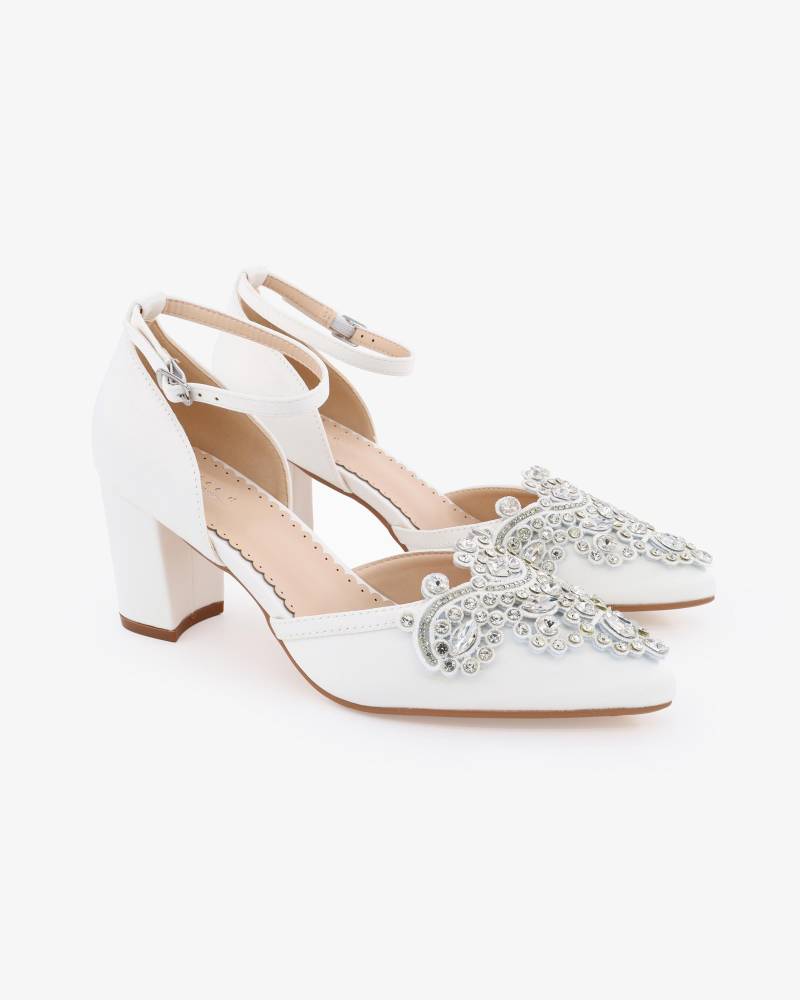 Weißer Satin Blockabsatz Mit Strass Applikation - Frauen Hochzeitsschuhe, Brautjungfern Schuhe, Brautschuhe von kaileep