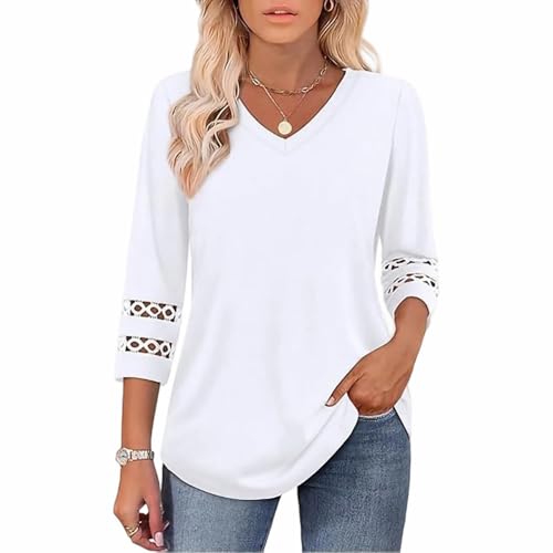 Damen Bluse 3/4 Sleeve Blouses V Neck Women Arm Tshirt Casual Blouses Basic Shirt Ärmel Hollow Design Herbst Top (DE/NL/SE/PL, Alphanumerisch, 3XL, Regular, Regular, Weiß) von kailisi