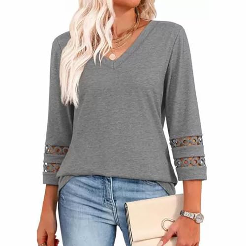 Damen Bluse 3/4 Sleeve Blouses V Neck Women Arm Tshirt Casual Blouses Basic Shirt Ärmel Hollow Design Herbst Top (DE/NL/SE/PL, Alphanumerisch, M, Regular, Regular, Grau) von kailisi