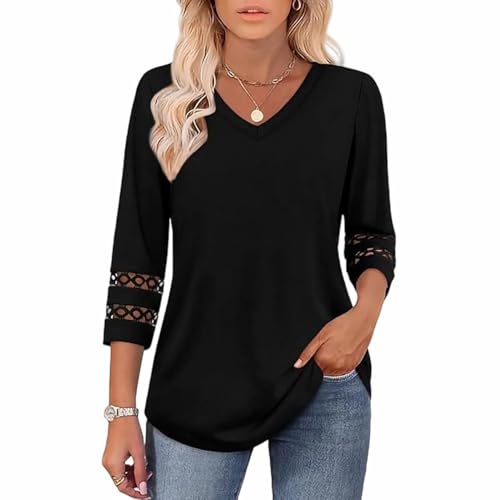 Damen Bluse 3/4 Sleeve Blouses V Neck Women Arm Tshirt Casual Blouses Basic Shirt Ärmel Hollow Design Herbst Top (DE/NL/SE/PL, Alphanumerisch, M, Regular, Regular, Schwarz) von kailisi