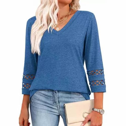 Damen Bluse 3/4 Sleeve Blouses V Neck Women Arm Tshirt Casual Blouses Basic Shirt Ärmel Hollow Design Herbst Top (DE/NL/SE/PL, Alphanumerisch, XL, Regular, Regular, Blau) von kailisi