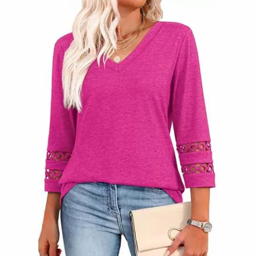 Damen Bluse 3/4 Sleeve Blouses V Neck Women Arm Tshirt Casual Blouses Basic Shirt Ärmel Hollow Design Herbst Top (DE/NL/SE/PL, Alphanumerisch, XXL, Regular, Regular, Hot Pink) von kailisi