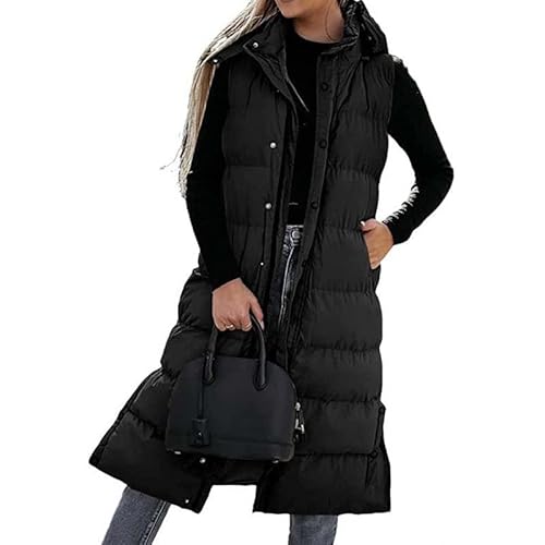 Damen Weste Lang mit Kapuze Herbst Winter, Steppweste Warmer Damenweste Elegant Übergangsweste Reißverschlüsse (DE/NL/SE/PL, Alphanumerisch, M, Regular, Regular, Schwarz) von kailisi