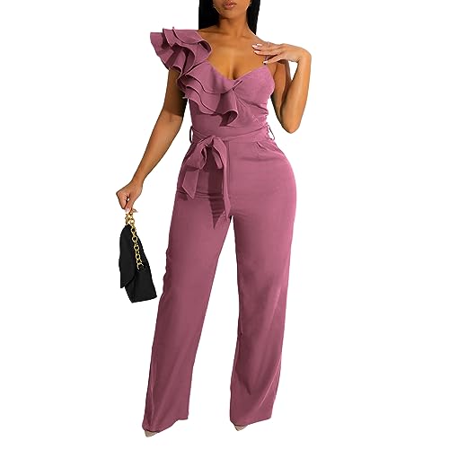 kaimimei Lässiger Damen-Jumpsuit, V-Ausschnitt, ärmellos, Rüschen, rückenfrei, Gürtel, weites Bein, sexy Strampler, Party, Clubwear, rosa / purpur, Large von kaimimei