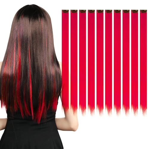 KAIYAYA 10 Pcs Coloured Hair Extensions,Haarsträhnen Zum Einklipsen Clip in Extensions Kinder Haarverlängerung,Heat Resistant Hairpieces,Clips for Women,Girls,Children,Party(Chinese red) von kaiyaya