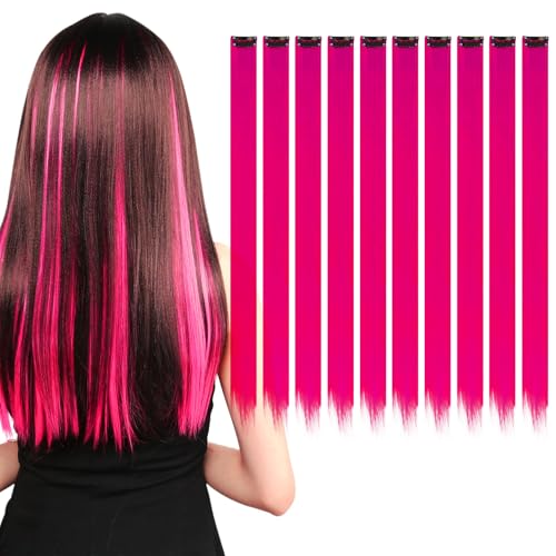KAIYAYA 10 Pcs Coloured Hair Extensions,Haarsträhnen Zum Einklipsen Clip in Extensions Kinder Haarverlängerung,Heat Resistant Hairpieces,Clips for Women,Girls,Children,Party(Rose red) von kaiyaya