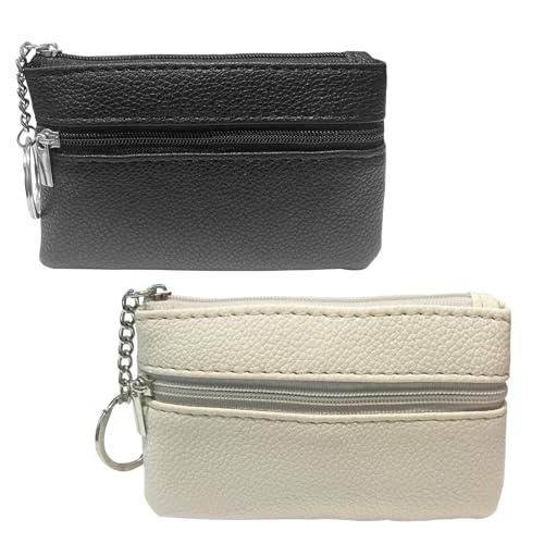KAIYAYA 2 Stück Leder Schlüsseletui Schlüsseltasche Geldbörse Reißverschluss Damen und Herren PU Leder Münzbeutel Schlüsselmäppchen tragbares Münztäschchen Damen-Schlüsselanhänger(Schwarz + Beige) von kaiyaya