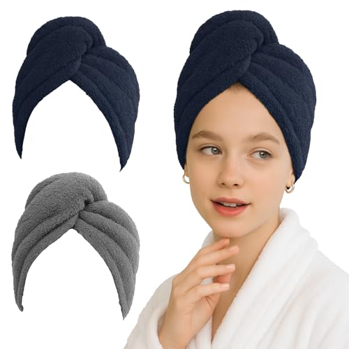 kaiyaya 2 Stück Haarturban Mikrofaser Handtuch mit Knopf Haarhandtuch Kopfhandtuch Schnell Trocknend Microfaser für Kopf und Lange Haare Alle Haartypen(Grau+Dunkelblau) von kaiyaya