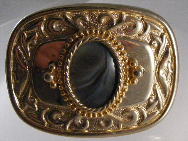 Vintage Gold-Ton Gebänderte Achat Cabochon Western Gürtelschnalle Lot 4303 von kajangles