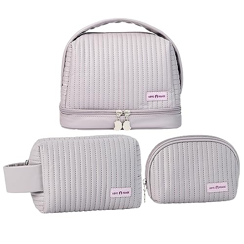 kamumanni Niedliche Make-up-Tasche, Kosmetiktasche, 3er-Set, Reise-Kulturbeutel mit Pinsel-Organizer, tragbare Beauty-Tasche für Frauen und Mädchen, Helles Violett von kamumanni