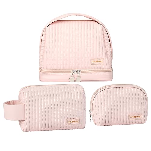 kamumanni Niedliche Make-up-Tasche, Kosmetiktasche, 3er-Set, Reise-Kulturbeutel mit Pinsel-Organizer, tragbare Beauty-Tasche für Frauen und Mädchen, Pink von kamumanni