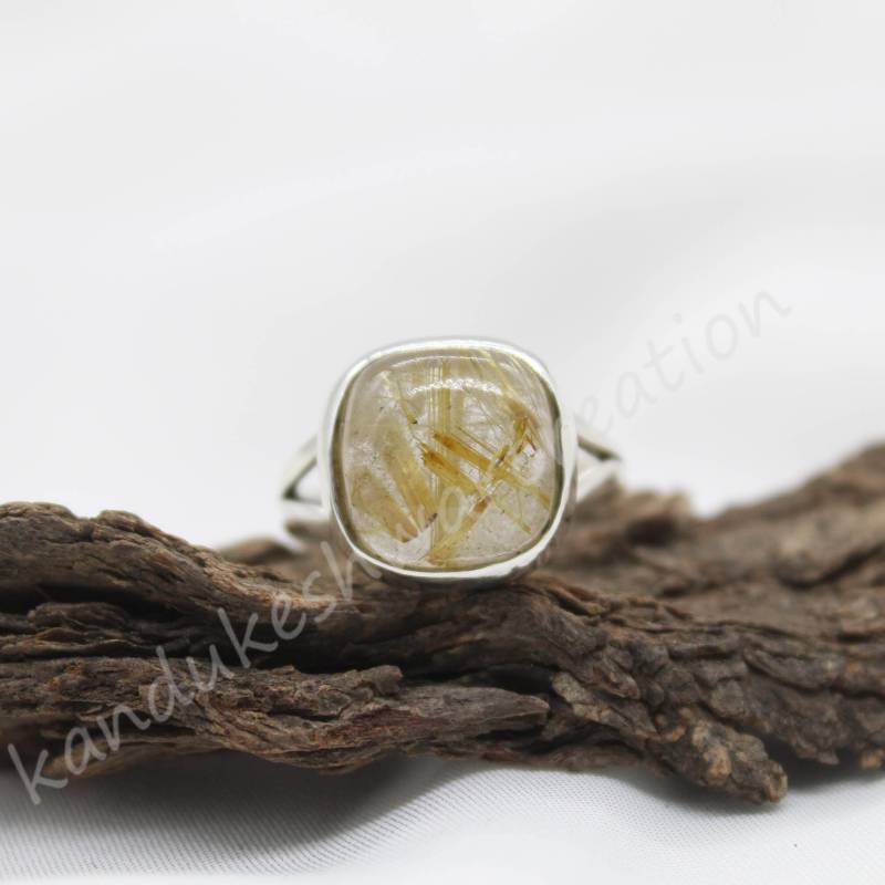 Gelber Rutilquarz Ring, Silber Handgemachter Cocktail Ring von kandukeshwarcreation