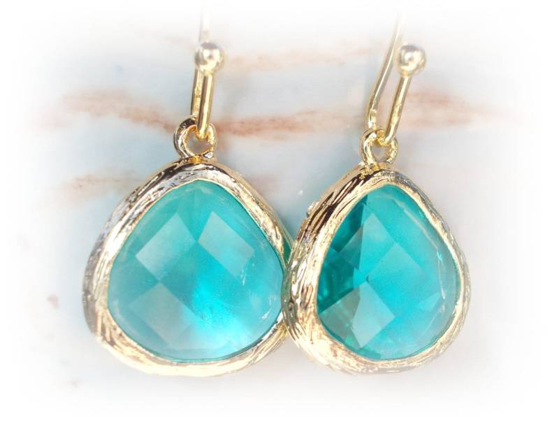 Aquamarin Blau Gold Ohrringe Glasgold Tropfen Ohrhänger Schmuck Kleine Zierliche Vergoldet Handgemacht von karmelidesigns