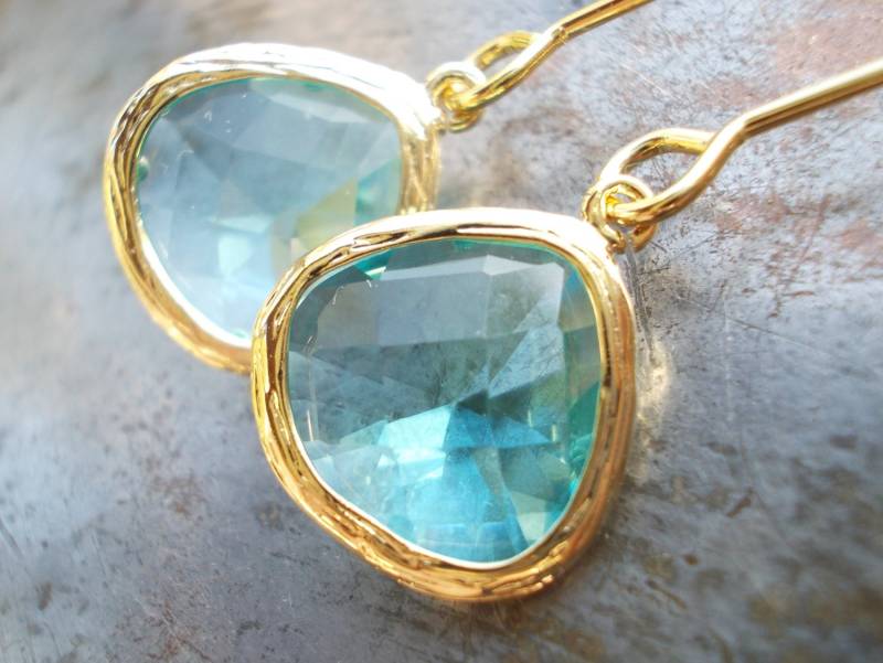 Aquamarine Goldene Ohrringe Tropfen Lang Glas Blau Elegant Vergoldet Boho Geschenkidee Für Frauen Ihre Baumeln von karmelidesigns