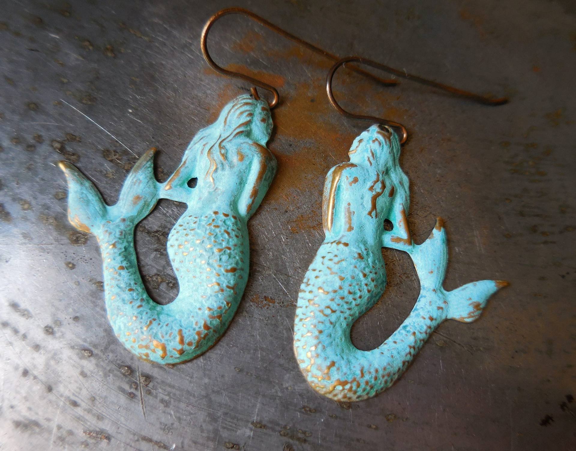 Blue Siren Boho Ohrringe, Blau Patina Meerjungfrau, Türkis Verdigris Bronze Massiv Messing Meerjungfrau Chic Ohrringe Handgemachte Schmuck von karmelidesigns