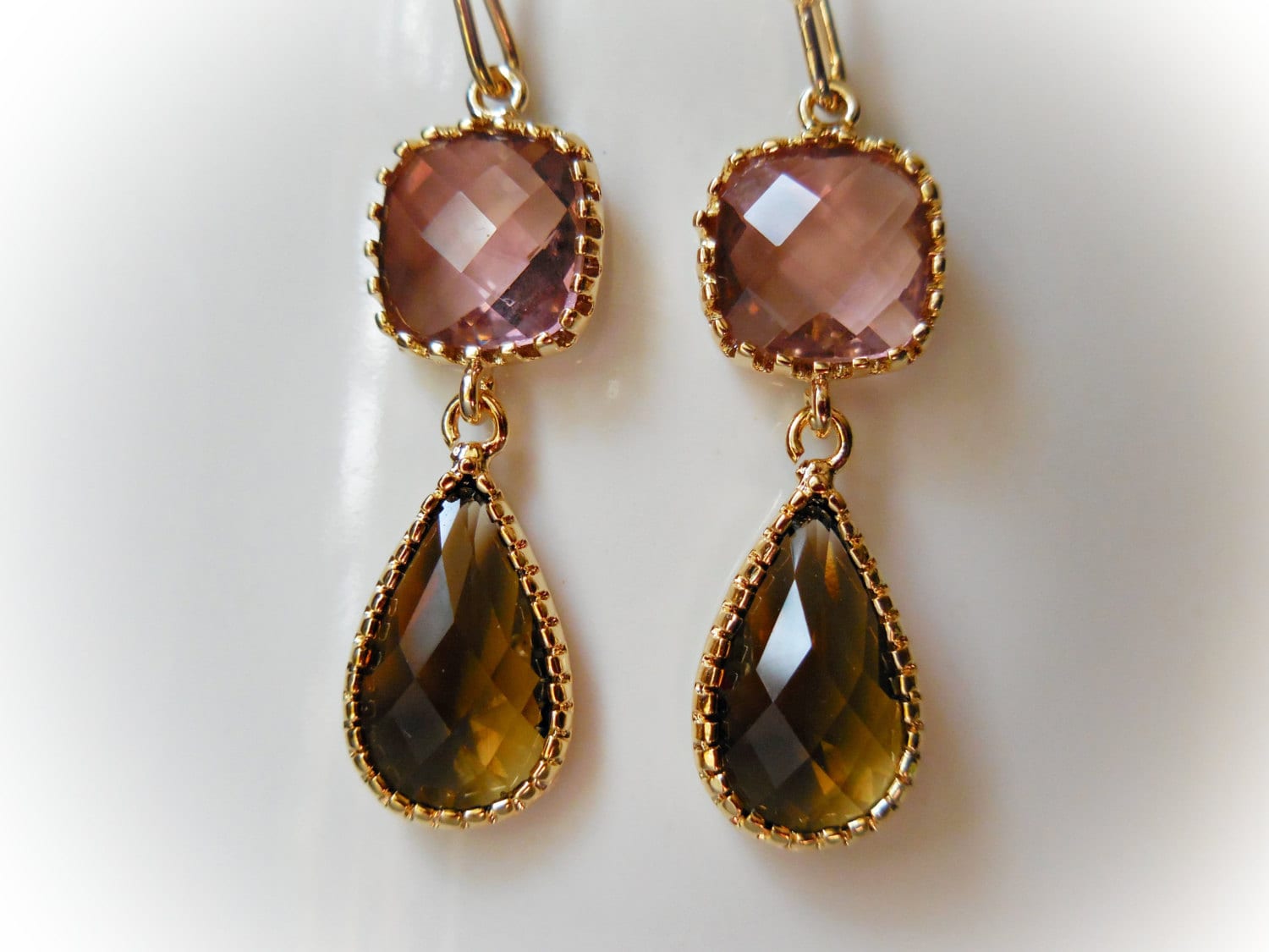 Rauchquarz Glas Ohrringe Vergoldet Tropfen Rosa Braun Rot Bohne Schmuck Für Frauen Weihnachtsgeschenk Herbst Modeschmuck von karmelidesigns