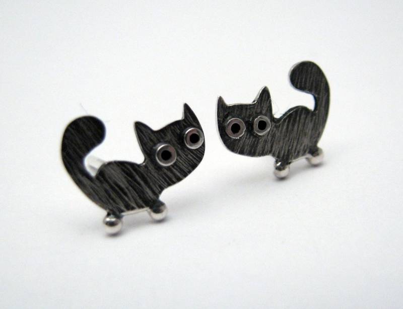 Kitty Cat Ohrstecker Sterling Silber Schwarz Gemustert Mini Zoo Serie von karramba