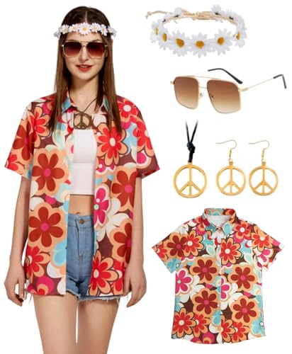 Hippie Oberteile Damen Hawaii Bluse Kostüm Set Flower Power Hemd Frauen Vintage Outfit Shirt 70er Bekleidung Lässig Retro Tops Karneval Faschingskostüm (Orange, XXL) von kasahara