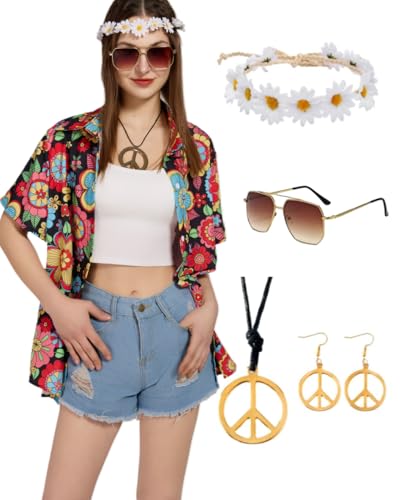 Hippie Oberteile Damen Hawaii Outfit Bluse Kostüm Set Flower Power 80er Hemd Frauen 90er Jahre Vintage Shirt 70er Bekleidung Lässig Retro Tops Karneval Faschingskostüm (Black, 2XL) von kasahara