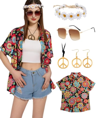 Hippie Oberteile Damen Hawaii Bluse Kostüm Set Flower Power Hemd Frauen Vintage Outfit Shirt 70er Bekleidung Lässig Retro Tops Karneval Faschingskostüm (Black, M) von kasahara