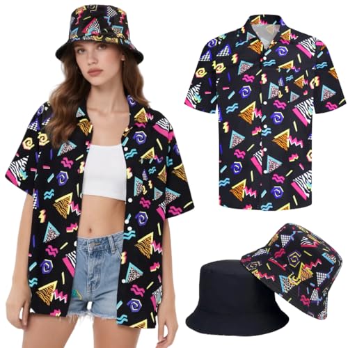 Hippie Oberteile Damen Hawaii Outfit Bluse Kostüm Set Flower Power 80er Hemd Frauen 90er Jahre Vintage Shirt 70er Bekleidung Lässig Retro Tops Karneval Faschingskostüm (80s-Black, L) von kasahara