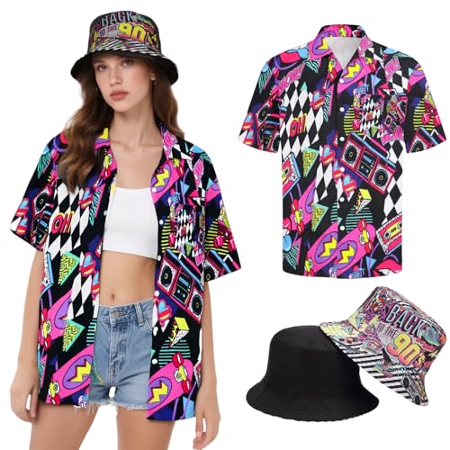Hippie Oberteile Damen Hawaii Outfit Bluse Kostüm Set Flower Power 80er Hemd Frauen 90er Jahre Vintage Shirt 70er Bekleidung Lässig Retro Tops Karneval Faschingskostüm (90s-wow, M) von kasahara