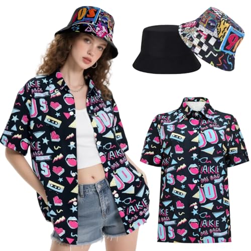 Hippie Oberteile Damen Hawaii Outfit Bluse Kostüm Set Flower Power 80er Hemd Frauen 90er Jahre Vintage Shirt 70er Bekleidung Lässig Retro Tops Karneval Faschingskostüm (Blue90s, S) von kasahara